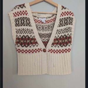 Charlotte Russe Cream Knit V-Neck Vest with Red and Brown Fair Isle